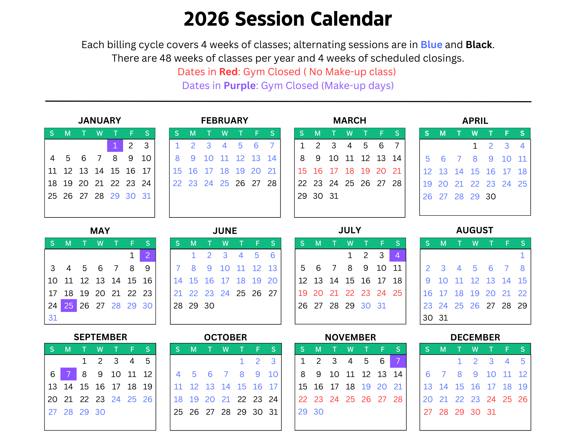 2026 El Paso Gymnastics session calendar showing 4-week billing sessions in alternating blue and black, gym closures in red, and make-up closure days in purple